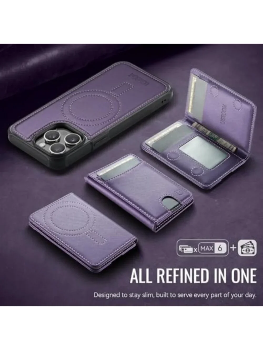 Purple Wallet Case for iPhone 15 Pro Max, MagSafe Compatible, Stylish & Durable